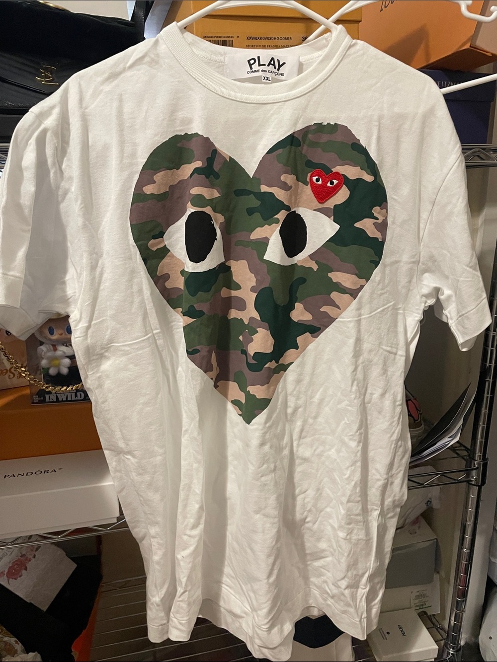 Comme des Garçons PLAY White Tee with Camo Heart and Red Heart Patch